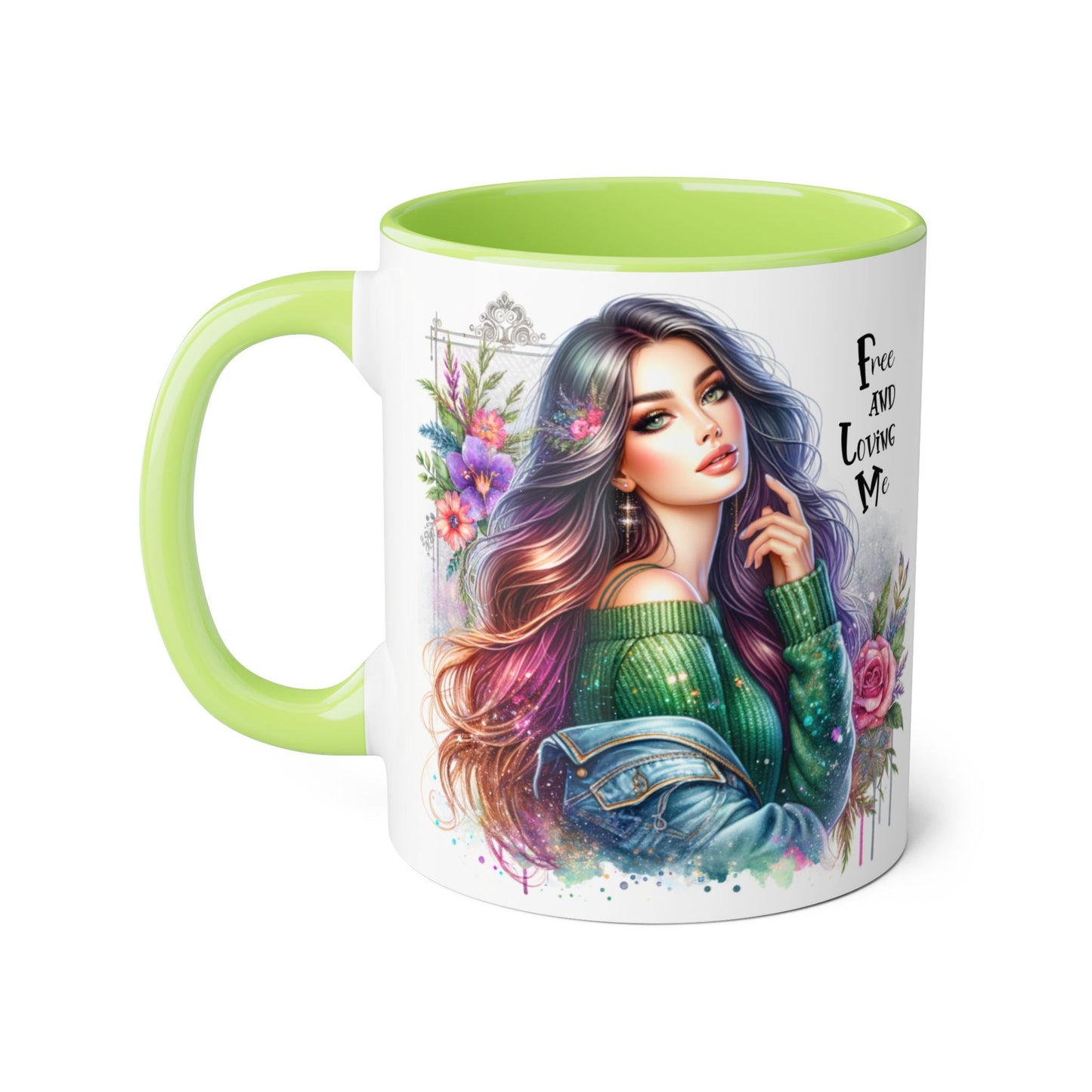 Bohemian Chic Accent Mug, Free and Loving Me 11oz Coffee Cup, Gifts for Her, Artistic Drinkware, Unique Home Decor, Floral Coffee Mug