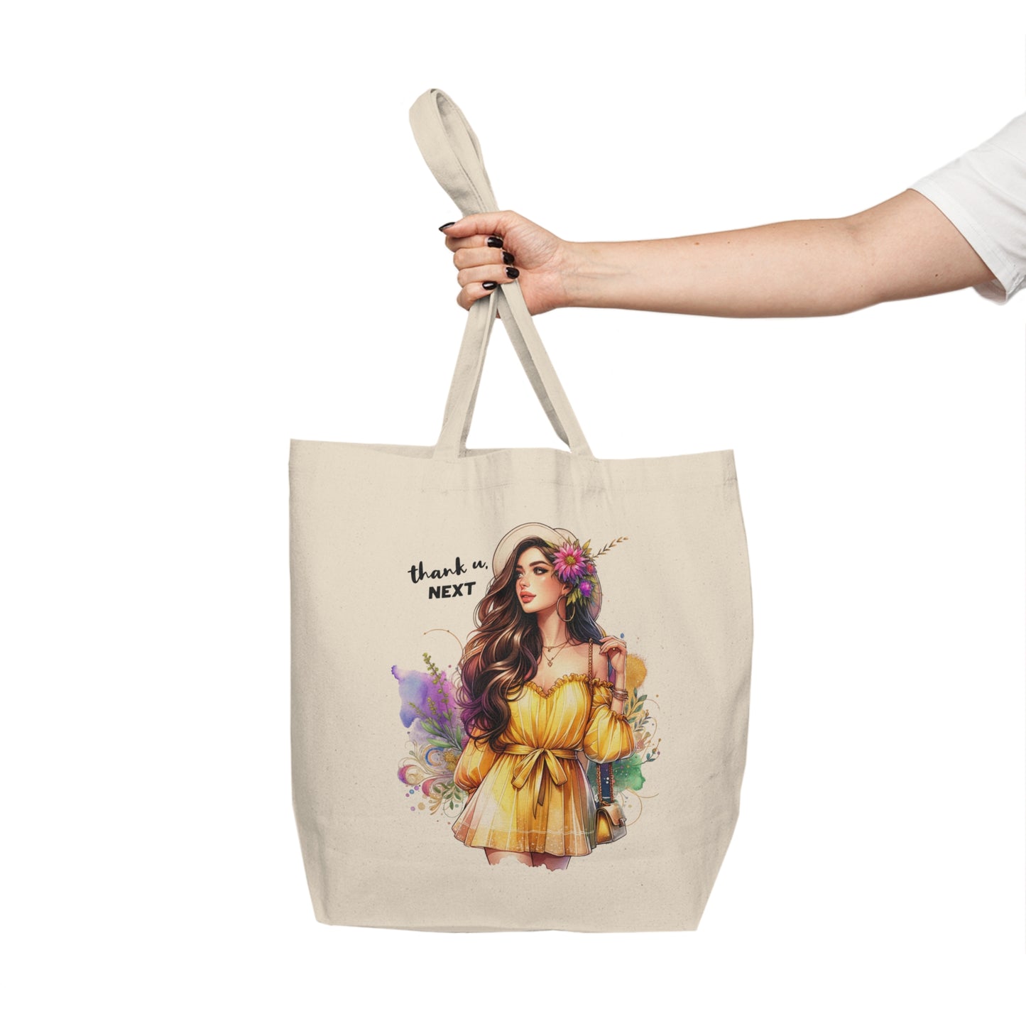 Thank U, Next Boho Chic Canvas Tote Bag with Floral Art, Reusable Grocery Tote, Eco-Friendly Bag, Beach Tote, Gift for Her