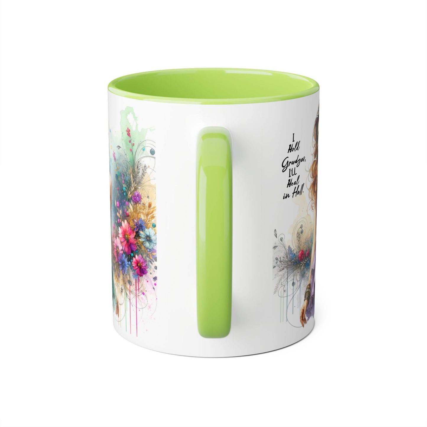 I Hold Grudges, I'll Heal in Hell Artistic Accent Mug, Inspirational Gift for Her, Colorful Flower Design, Unique Coffee Cup, Perfect for Birthdays, Art Lovers' Mug