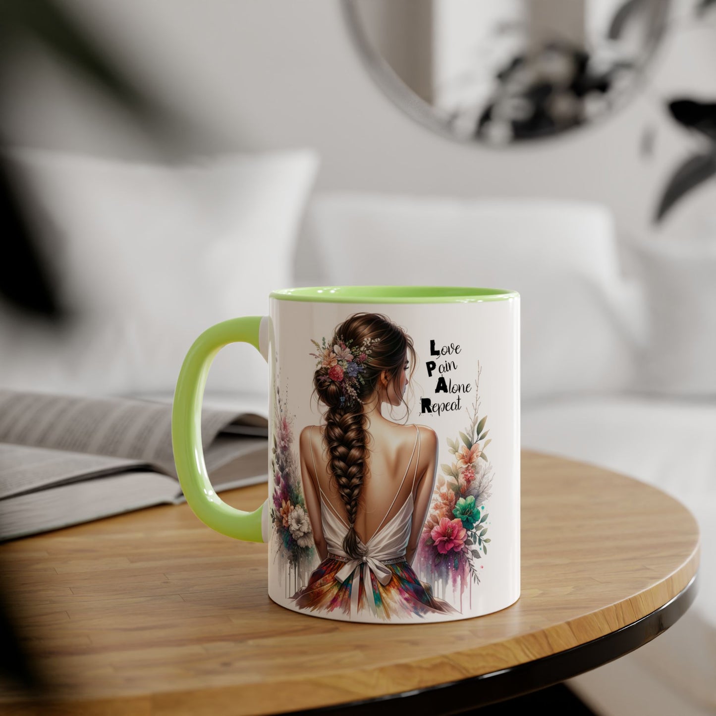 Beautiful Floral Accent Mug, Inspirational Coffee Cup, Love Pain Alone Repeat, Gift for Her, Home Decor, Bohemian Style