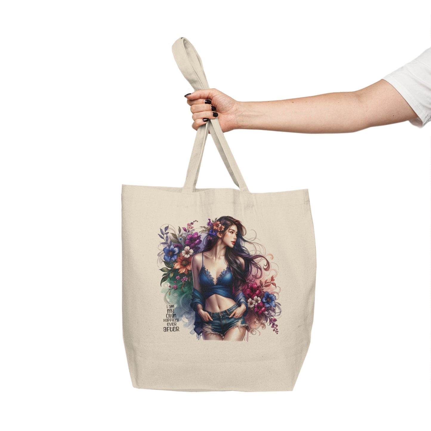 I Am My Own Happily Ever After  Bohemian Floral Canvas Tote Bag, Eco-Friendly Shopper, Market Tote, Beach Bag, Gift for Her
