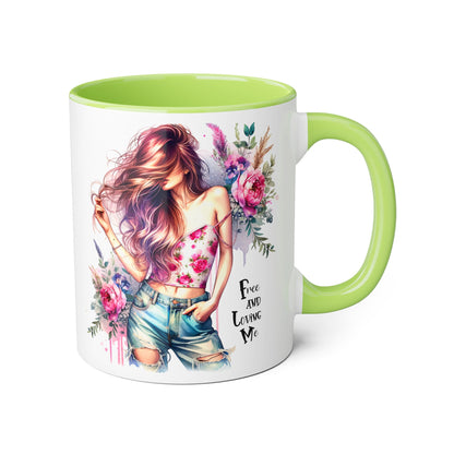 Bohemian Floral Accent Mug - Free and Loving Me, Gift for Her, Coffee Cup, Inspirational Drinkware, Tea Lover, Home Decor