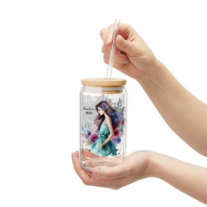Thank U, Next Floral Sipper Glass with Bamboo Lid, 16oz, Eco-friendly Drinkware for Home, Gifts, and Celebrations