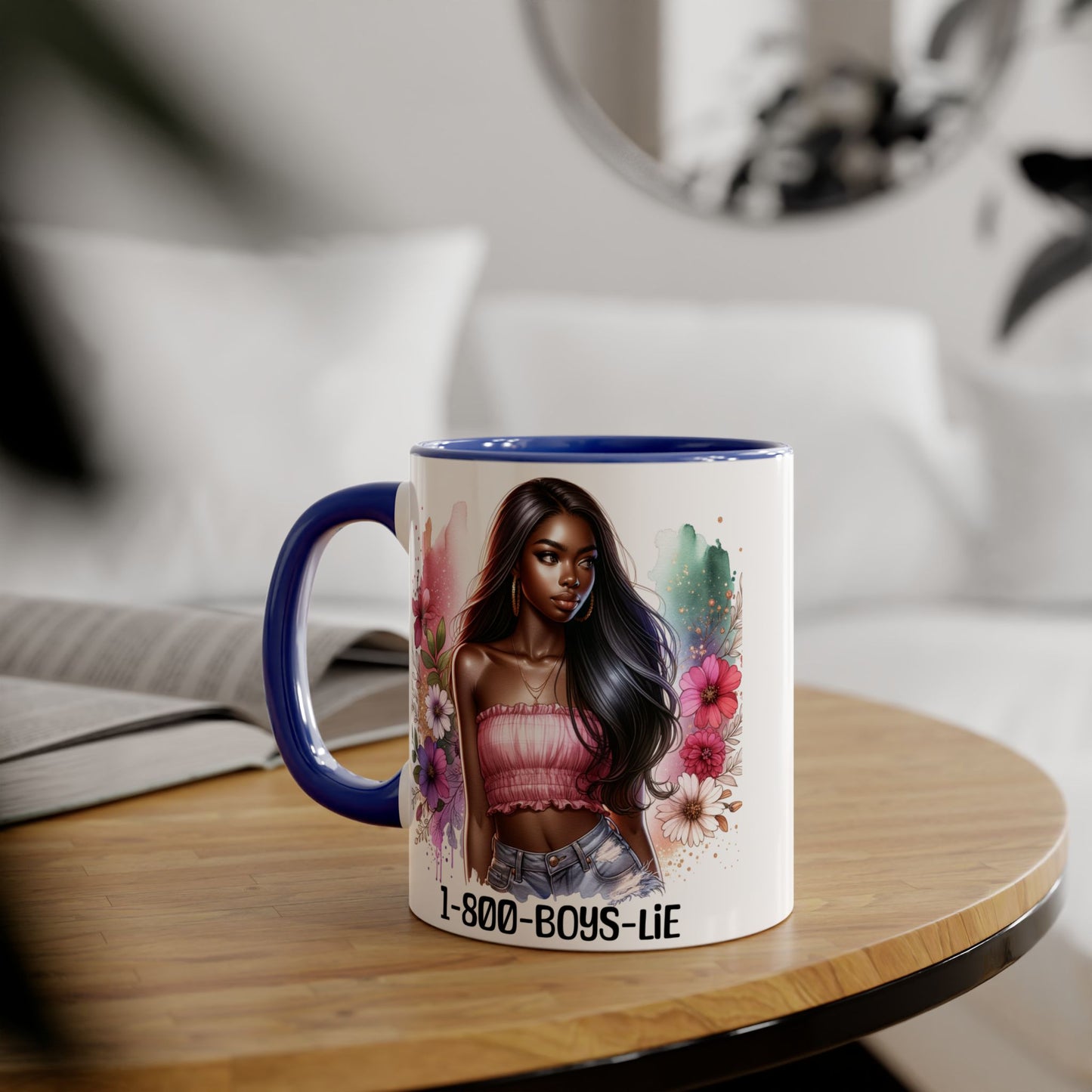 1-800-BOYS-LIE Stylish Floral Accent Mug, 11oz Coffee Mug, Gift for Her, Trendy Drinkware, Unique Birthday Present, Coffee Lover's Companion