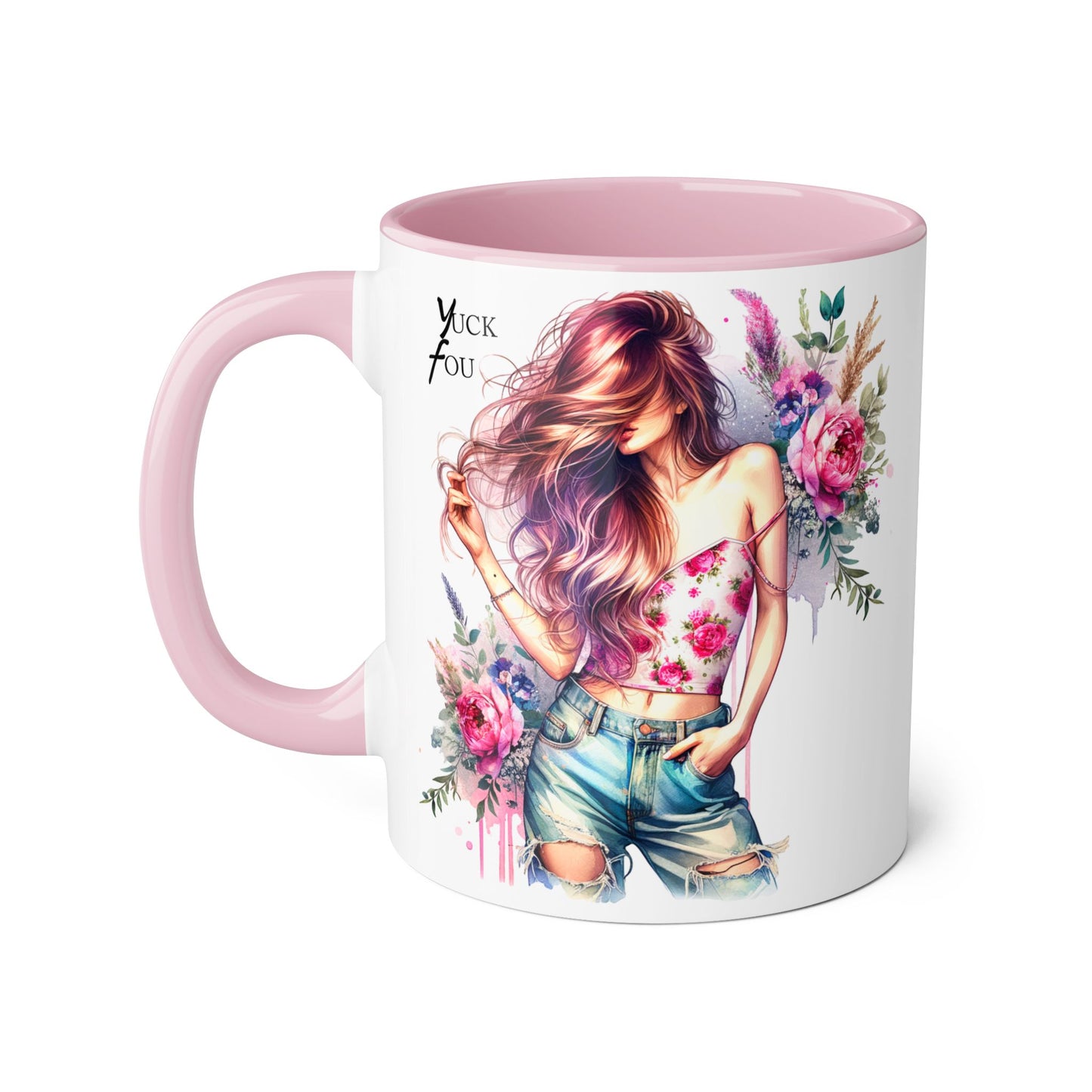 Yuck Fou Stylish Flower Girl Mug, Floral Coffee Cup, Boho Drinkware, Gift for Her, Artful Tea Mug