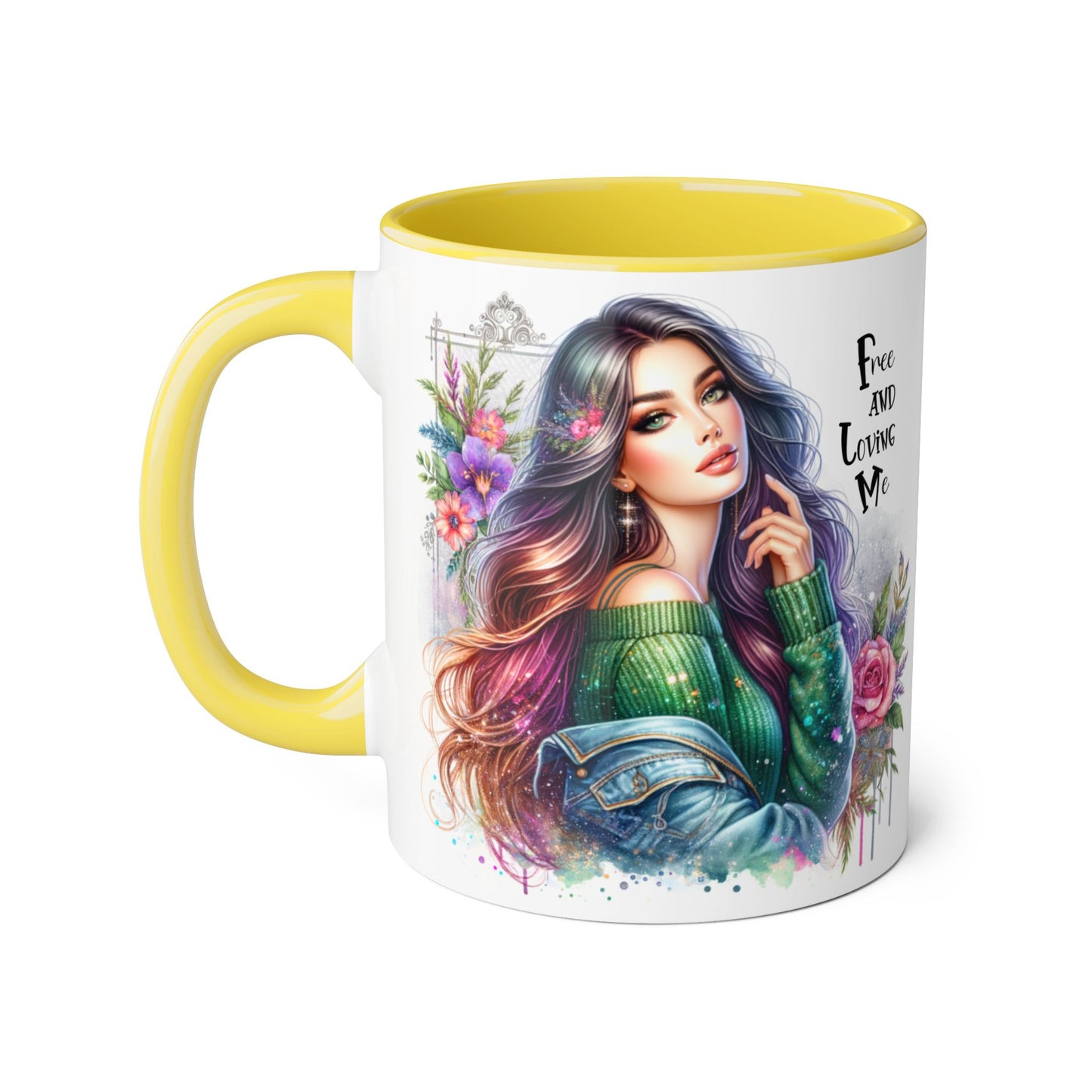 Bohemian Chic Accent Mug, Free and Loving Me 11oz Coffee Cup, Gifts for Her, Artistic Drinkware, Unique Home Decor, Floral Coffee Mug