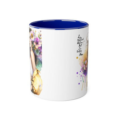I Was Married Before But I'm Better Now Humoristic Artistic Accent Mug, Coffee Cup for Inspiration, Floral Design, Gift for Friends, Birthday, Home Decor, Motivational Drinkware