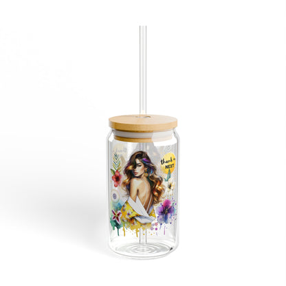 Thank U, Next Chic Sipper Glass | 16oz Floral Art Drinkware, Stylish Water Bottle, Eco-Friendly Straw Cup, Gift for Her, Tropical Vibes