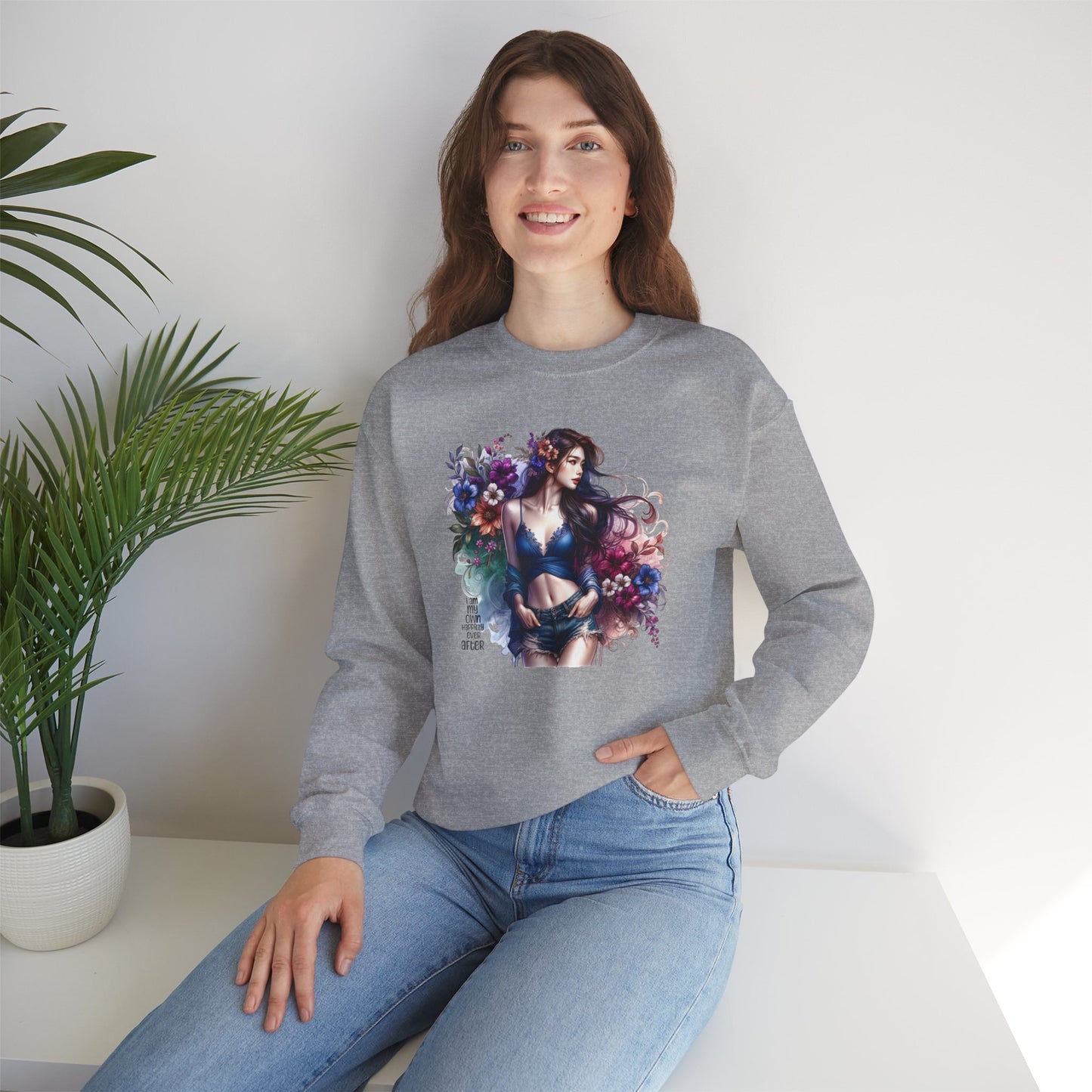 I Am My Own Happily Ever After  Floral Goddess Sweatshirt | Cozy Unisex Crewneck | Perfect Gift for Fall/Winter, Artistic Apparel, Wall Art Sweatshirt, Everyday Wear