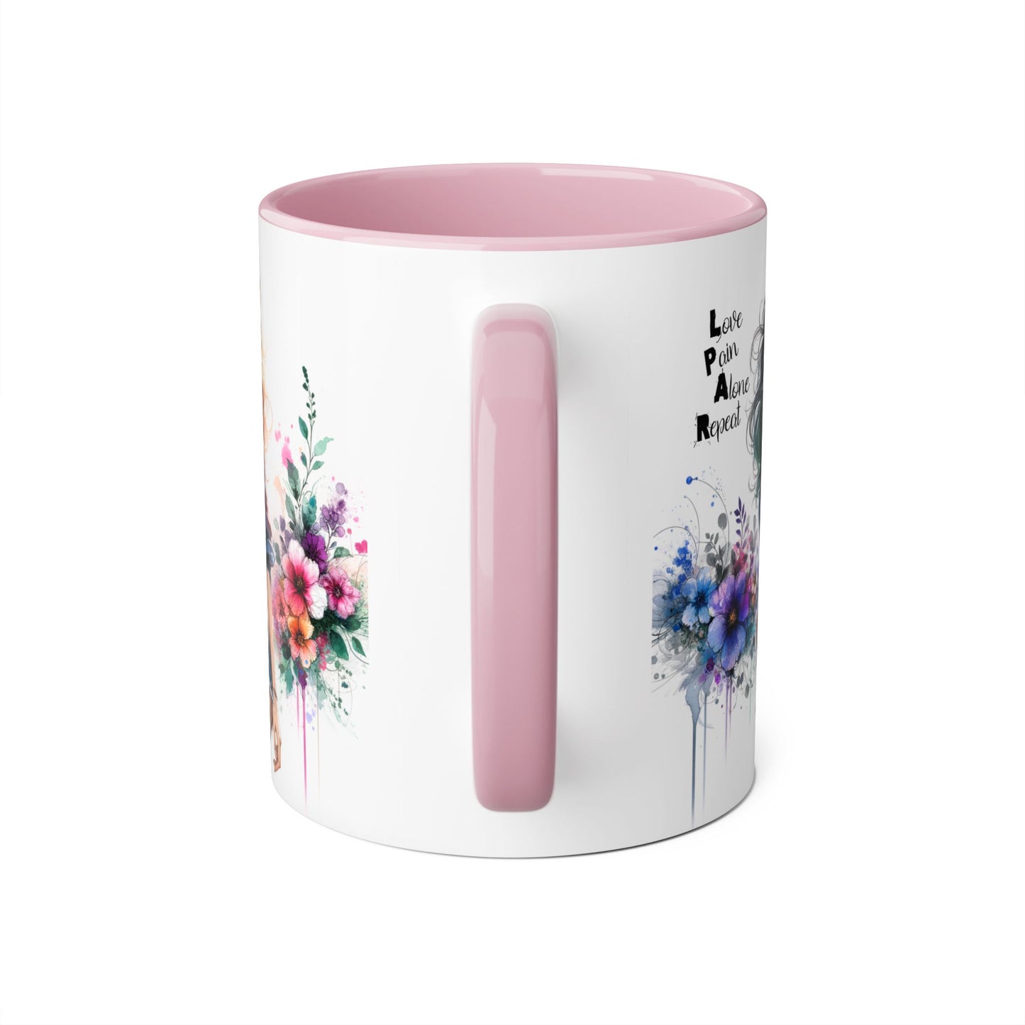 Stylish Accent Mug, Love Pain Alone Repeat Mug, Floral Design Coffee Cup, Gift for Her, Motivational Drinkware