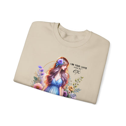 I'm Too Cute For My Ex Floral Illustration Sweatshirt, Cozy Unisex Crewneck, Perfect for Gifts, Casual Wear, Vibrant Art Pullover, Everyday Comfort