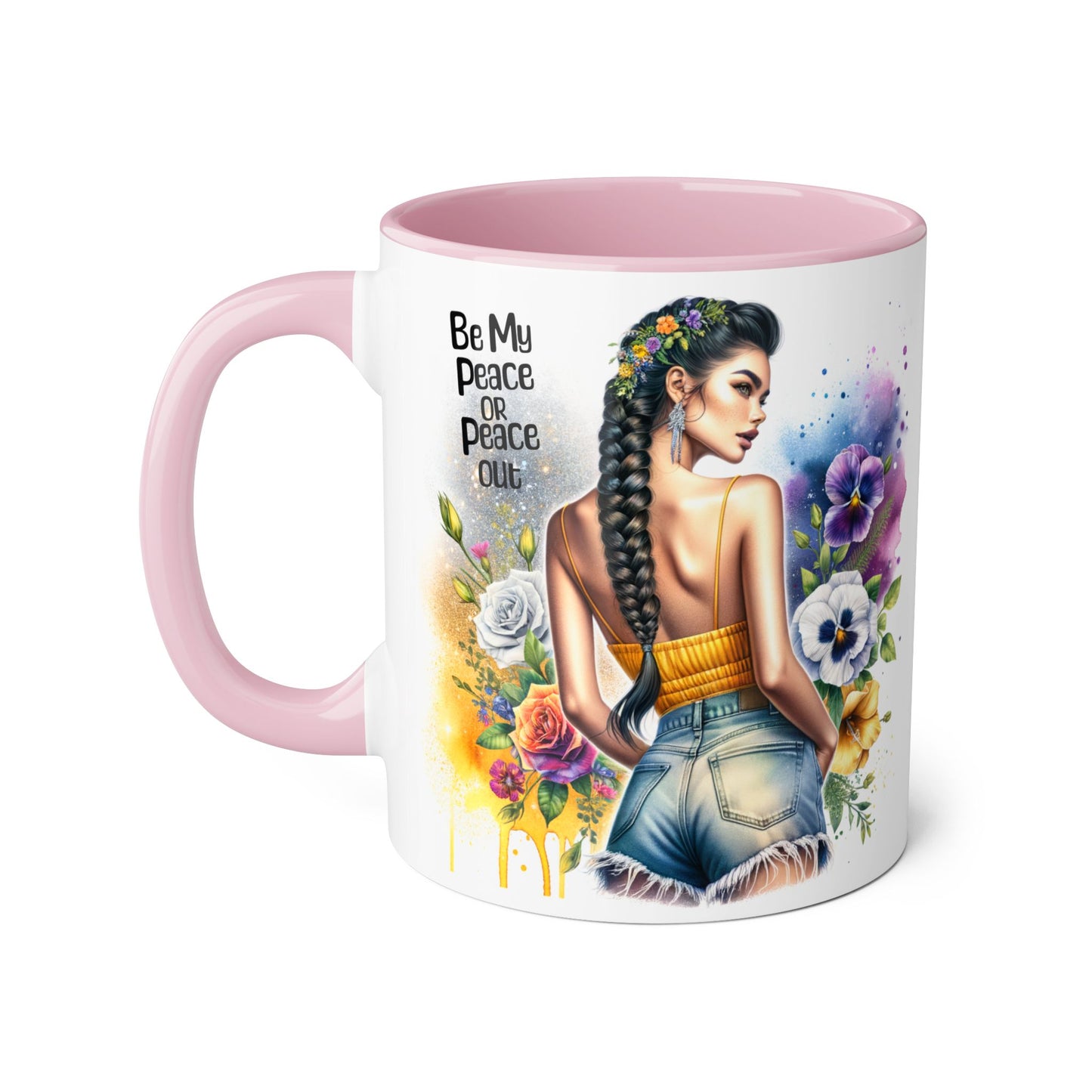 Artistic Black Handle Mug with Inspirational Message, Be My Peace or Peace Out, Unique Gift for Coffee Lovers, Colorful Floral Design, [...]