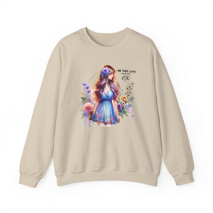 I'm Too Cute For My Ex Floral Illustration Sweatshirt, Cozy Unisex Crewneck, Perfect for Gifts, Casual Wear, Vibrant Art Pullover, Everyday Comfort