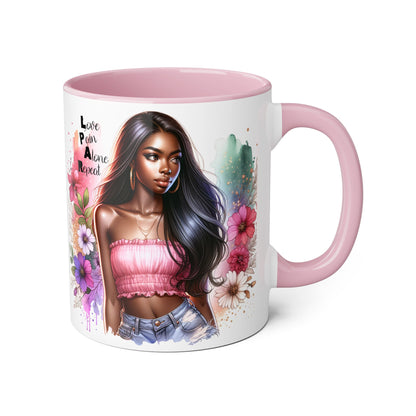 Vibrant Floral Accent Mug - Love, Pain, Alone, Repeat | Perfect Gift for Friends, Birthdays, Affirmation Mug, Coffee Lover
