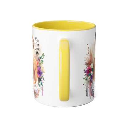 Bohemian Floral Accent Mug, Free and Loving Me Coffee Cup, Gifts for Her, Birthday, Inspirational Drinkware, Home Decor