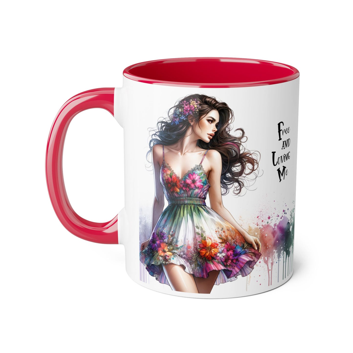 Floral Art Inspirational Coffee Mug, Free and Loving Me, Gift for Her, Colorful Drinkware, Boho Mug, Artistic Tea Cup