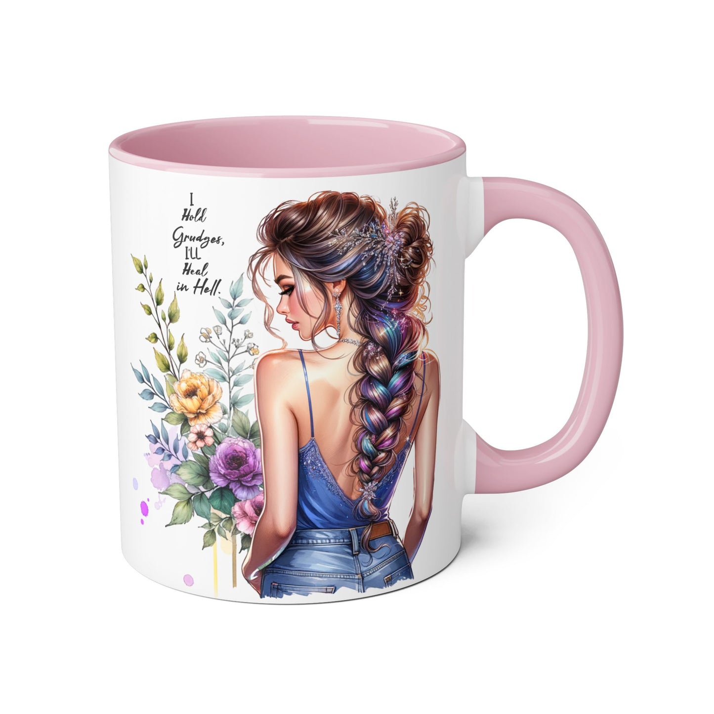 I Hold Grudges, I'll Heal in Hell  Humoristic Floral Inspirational Accent Mug, 11oz Coffee Cup, Gift for Her, Home Office Decor, Mother's Day, Personalized Drinkware