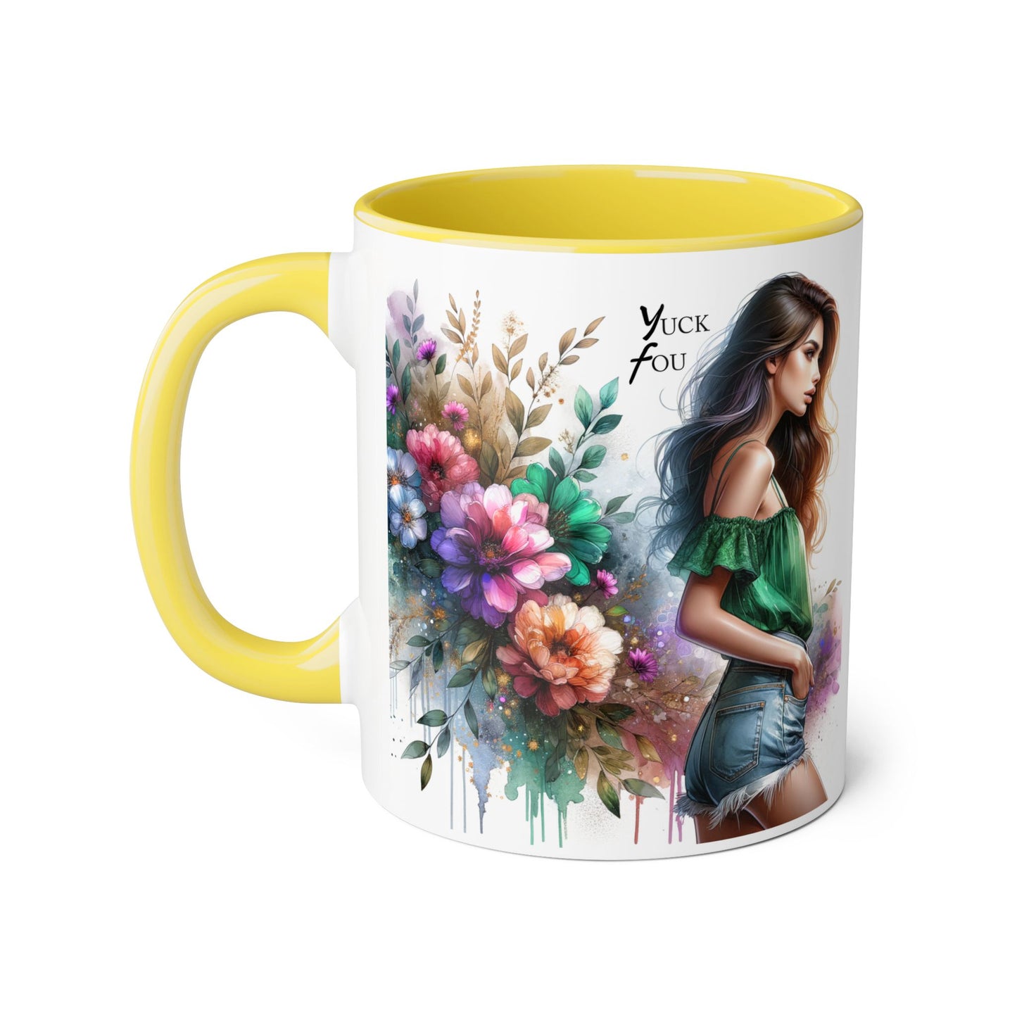 Yuck Fou Floral Accent Mug, 11oz Ceramic Coffee Cup, Inspirational Gift, Home Decor, Unique Art Mug, Perfect for Coffee Lovers