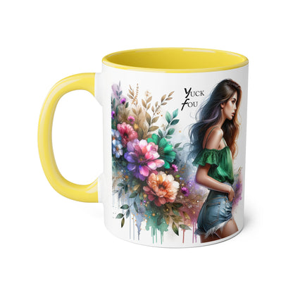 Yuck Fou Floral Accent Mug, 11oz Ceramic Coffee Cup, Inspirational Gift, Home Decor, Unique Art Mug, Perfect for Coffee Lovers