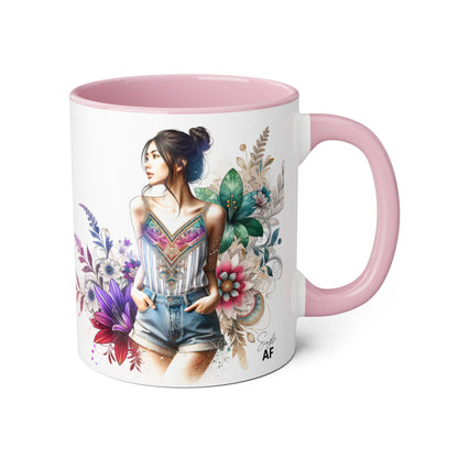 Single AF Boho Flower Accent Mug - Artistic Coffee Cup, Floral Design, Gift for Her, Birthday, Home Decor, Unique Artwork, 11oz