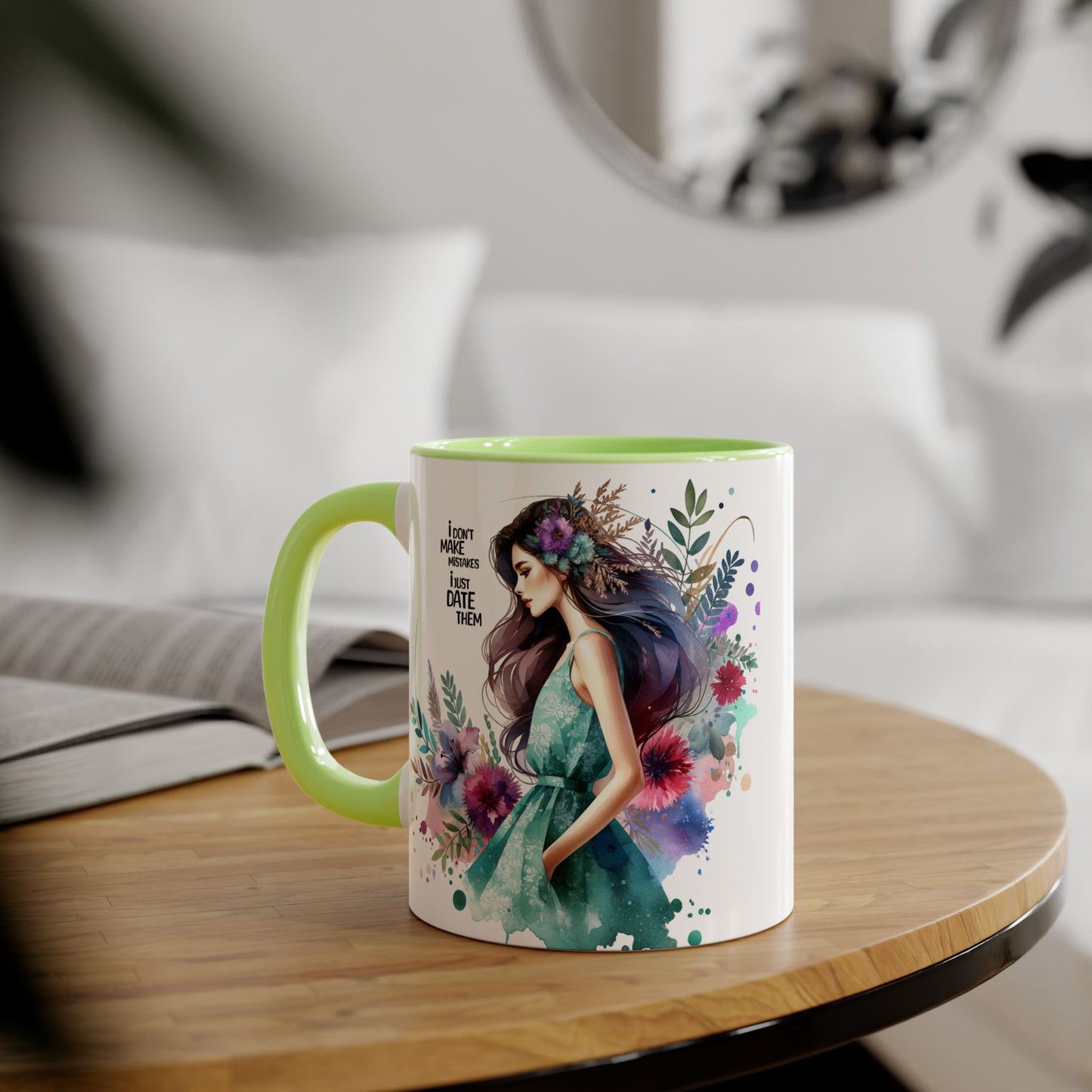 I Don't Make Mistakes, I Date Them Watercolor Floral Accent Mugs, Inspirational Coffee Cup for Nature Lovers, Gift for Her, Self-Care, Boho Style