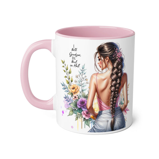 I Hold Grudges, I'll Heal in Hell  Humoristic Floral Inspirational Accent Mug, 11oz, Empowering Gift, Coffee Cup, Unique Tea Mug, Birthday/Anniversary/Inspirational Gift