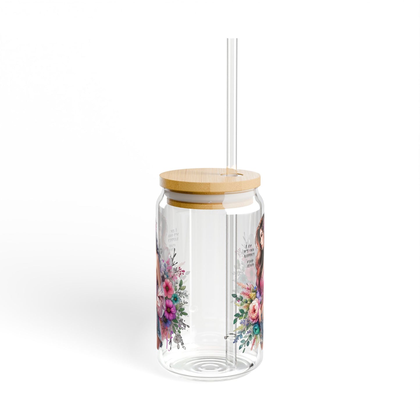 I Am My Own Happily Ever After Floral Art Sipper Glass - 16oz Eco-Friendly Beverage Container with Straw
