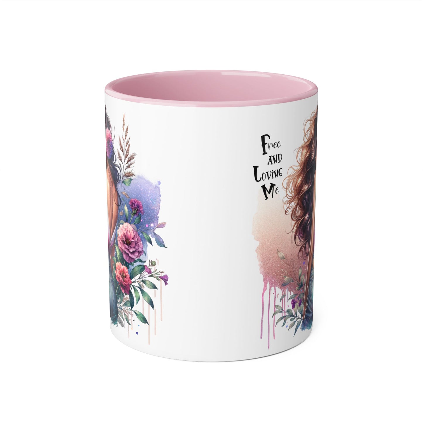 Free and Loving Me Boho Floral Accent Mug, 11oz Coffee Cup, Inspirational Mug for Women, Gift for Friends, Cozy Home Decor, Self-Love Reminder