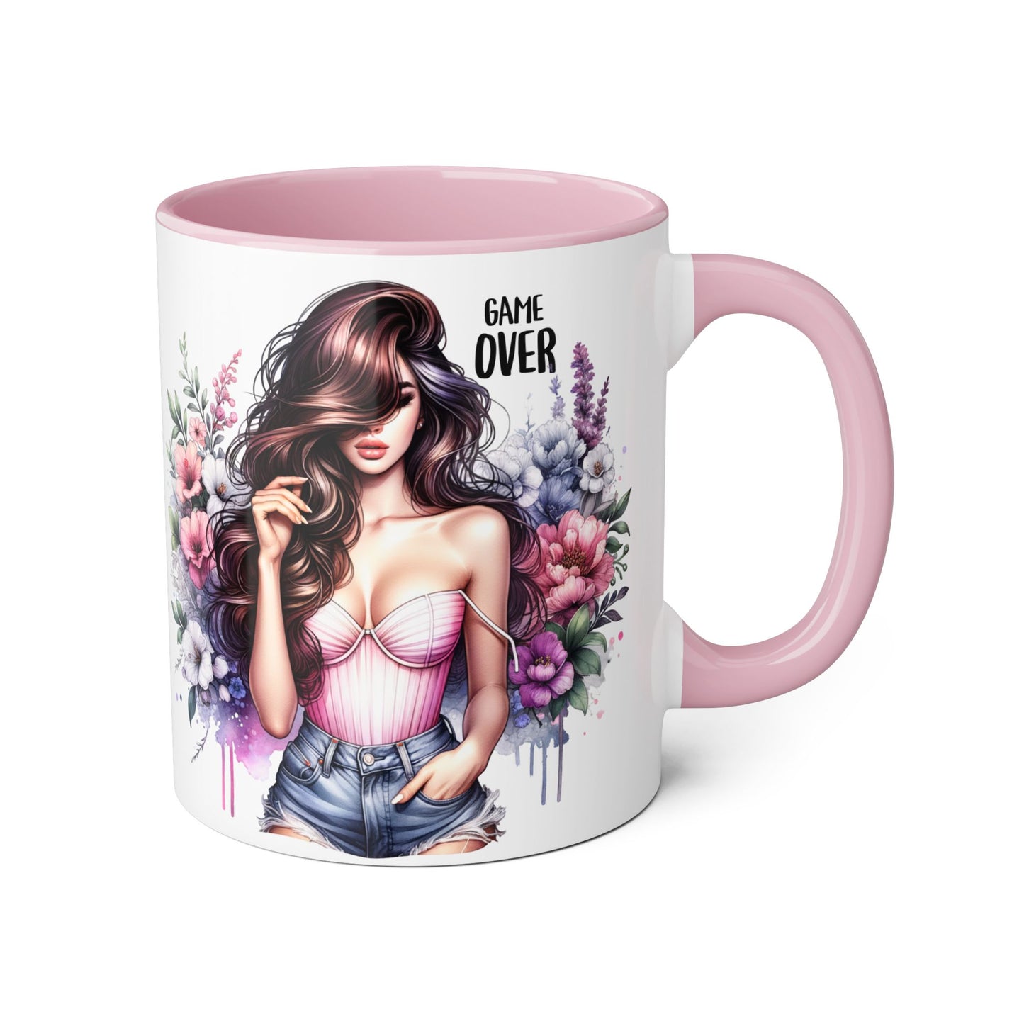Game Over Floral Accent Mug - 11oz, Coffee Cup for Her, Gift for Gamers, Fun Tea Mug, Unique Kitchen Decor, Women’s Gift Idea