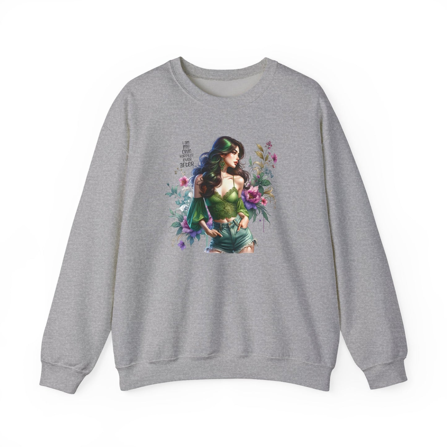 I Am My Own Happily Ever After  Heroine Floral Sweatshirt | Unisex Cozy Crewneck, Gift for Her, Vintage Style, Plant Lover's Apparel, Superhero Inspired