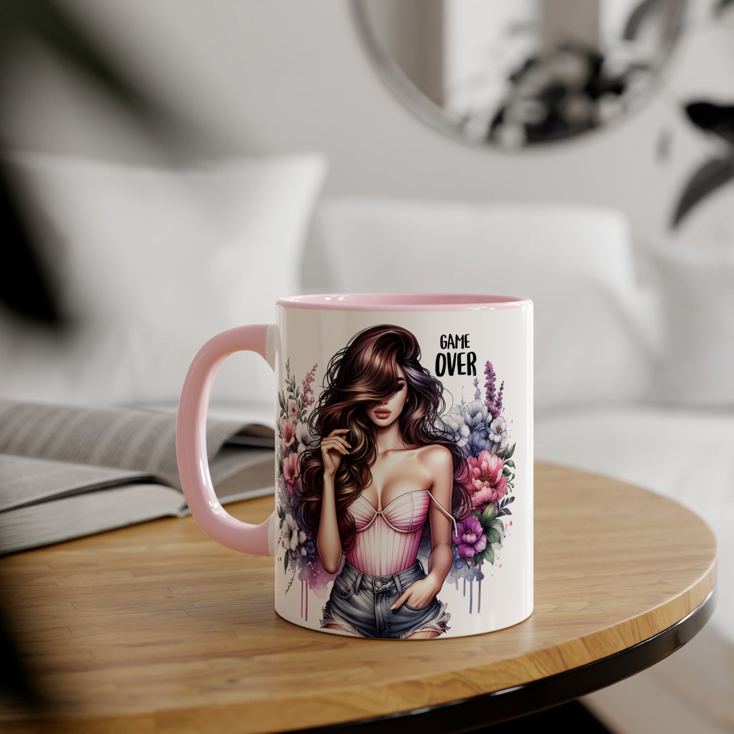 Game Over Floral Accent Mug - 11oz, Coffee Cup for Her, Gift for Gamers, Fun Tea Mug, Unique Kitchen Decor, Women’s Gift Idea