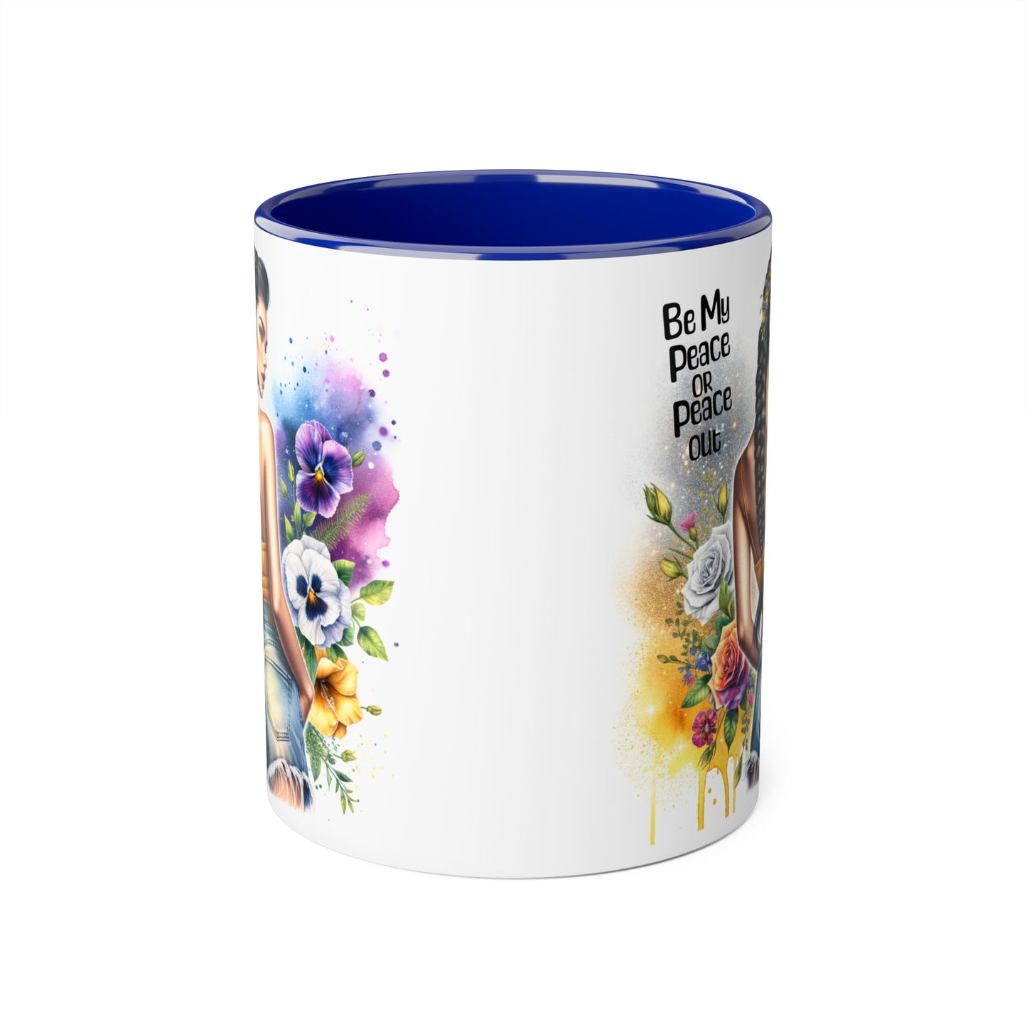 Artistic Black Handle Mug with Inspirational Message, Be My Peace or Peace Out, Unique Gift for Coffee Lovers, Colorful Floral Design, [...]