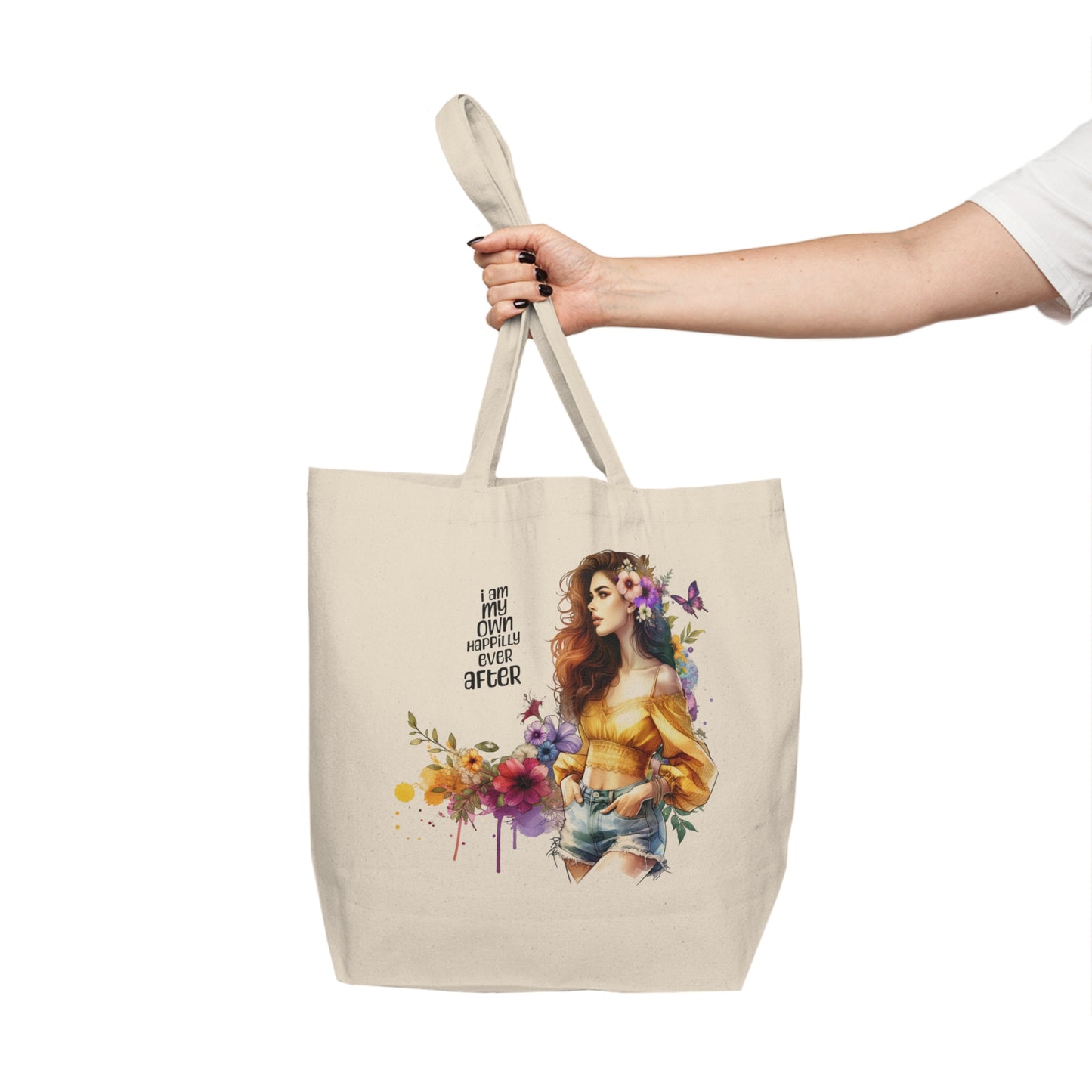 I Am My Own Happily Ever After  Chic Floral Canvas Shopping Tote - Stylish Eco-Friendly Bag for Everyday Use, Market, Beach, Gifts, Travel