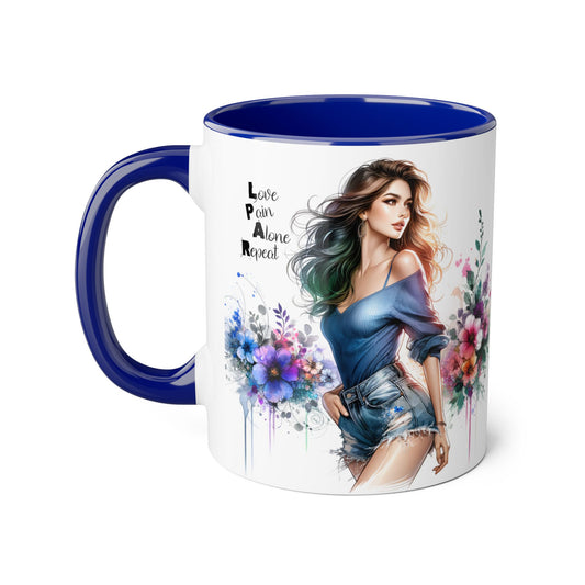 Stylish Accent Mug, Love Pain Alone Repeat Mug, Floral Design Coffee Cup, Gift for Her, Motivational Drinkware