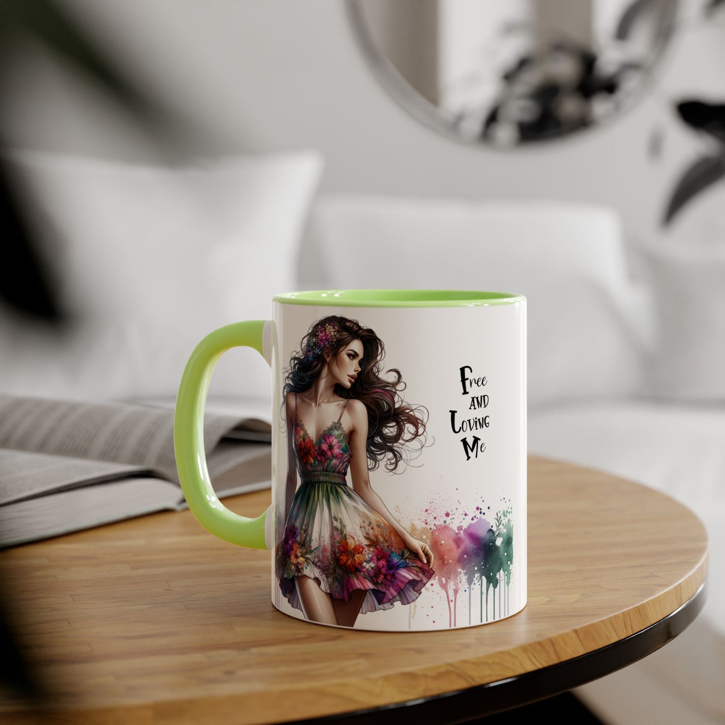 Floral Art Inspirational Coffee Mug, Free and Loving Me, Gift for Her, Colorful Drinkware, Boho Mug, Artistic Tea Cup