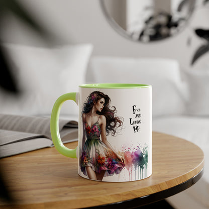 Floral Art Inspirational Coffee Mug, Free and Loving Me, Gift for Her, Colorful Drinkware, Boho Mug, Artistic Tea Cup