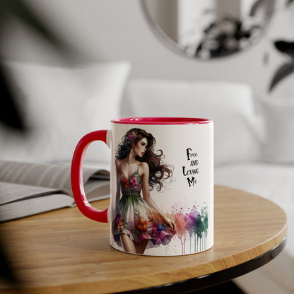 Floral Art Inspirational Coffee Mug, Free and Loving Me, Gift for Her, Colorful Drinkware, Boho Mug, Artistic Tea Cup