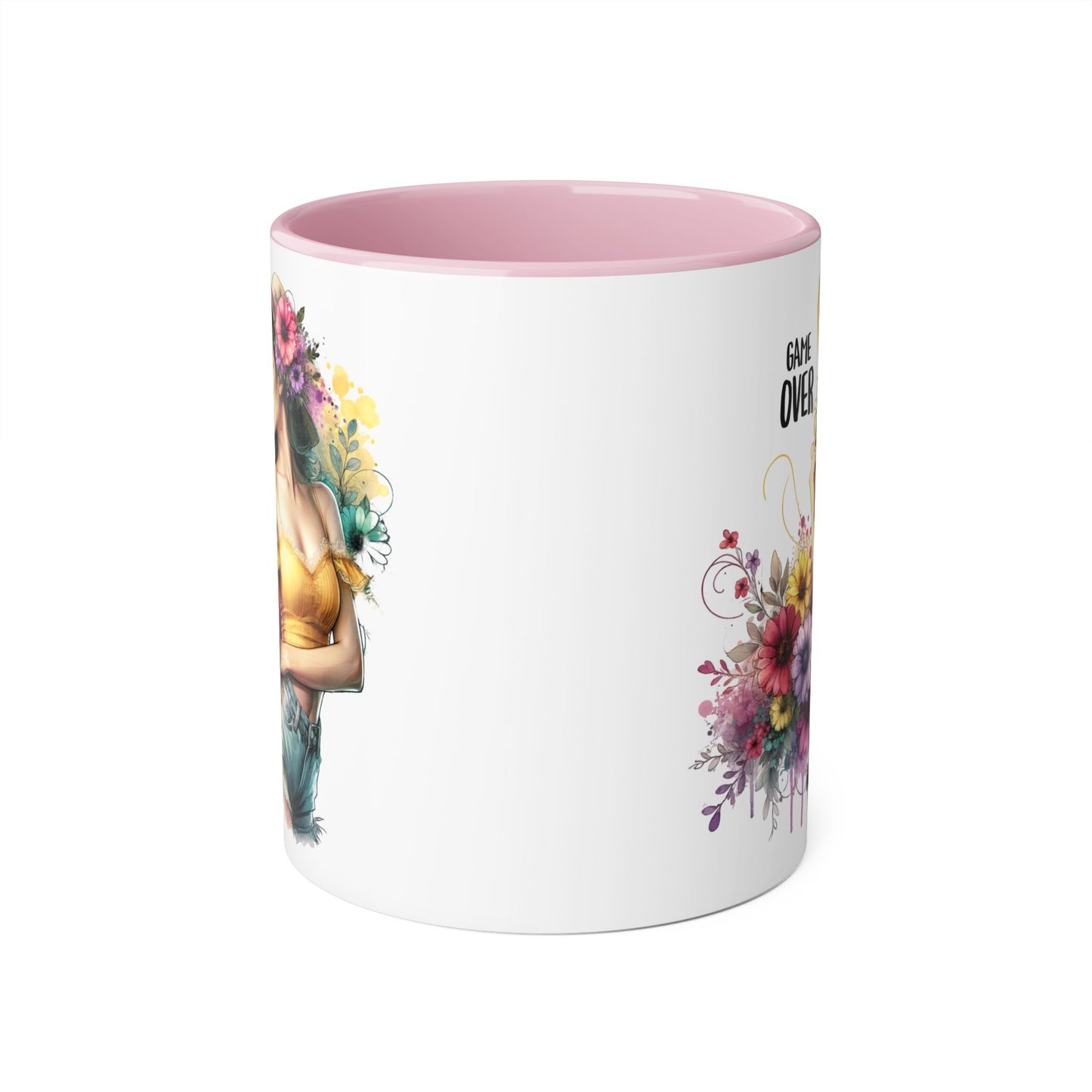 Game Over Floral Accent Mug, Gift for Gamers, Coffee Tea Cup, Home Decor, Birthday, Celebration, Unique Mug