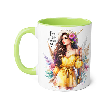 Free and Loving Me Bold Boho Accent Mug, Artistic Coffee Cup, Unique Gift for Women, Inspirational Kitchenware, Floral Design, Birthday Mug