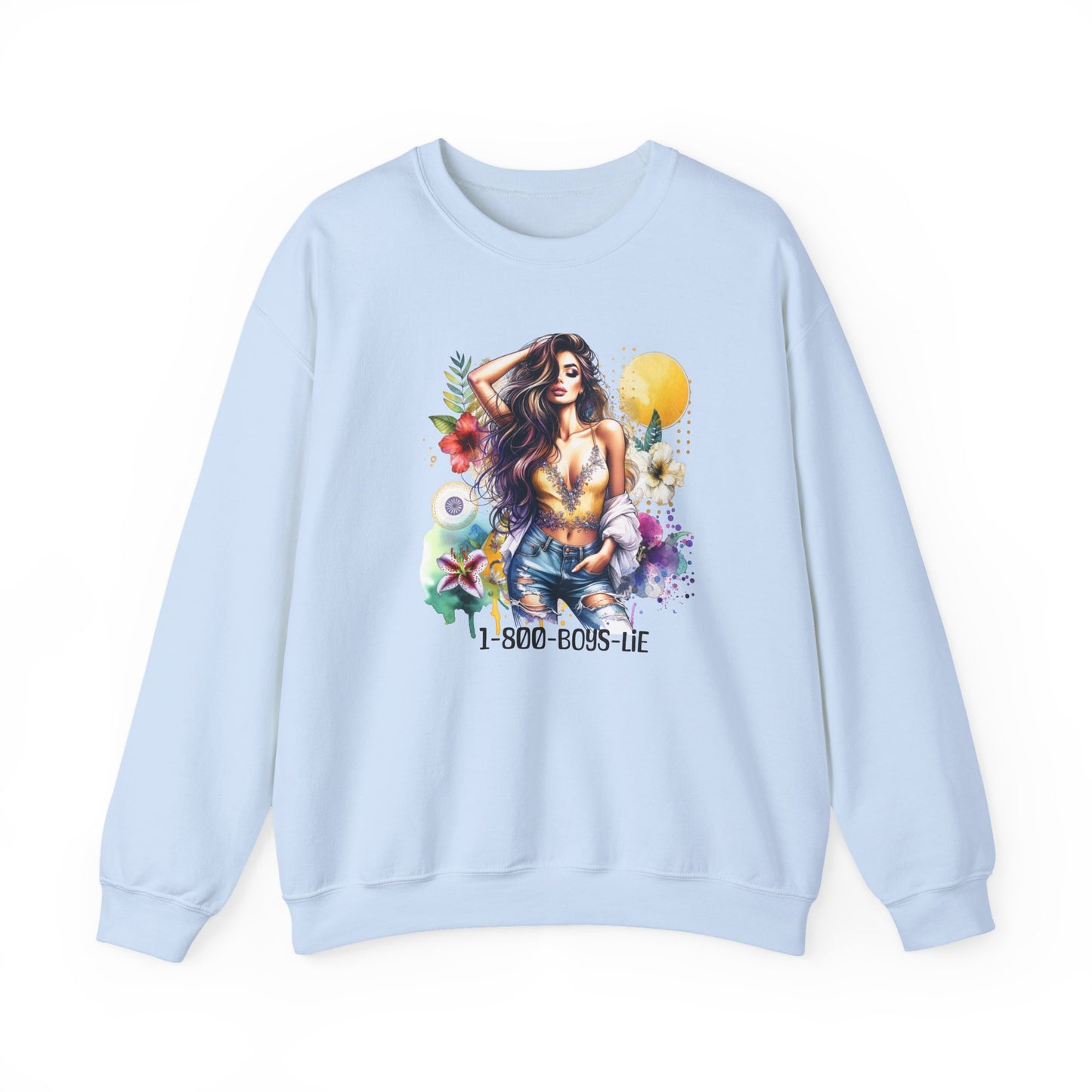 1-800-Boys-Lie Boho Chic Crewneck Sweatshirt with Floral Design, Unisex Gift, Self-Love Apparel, Cozy Casual Wear, Perfect for Relaxation