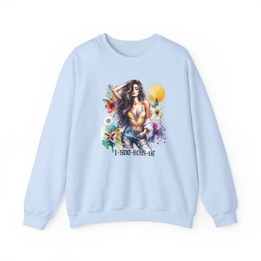 1-800-Boys-Lie Boho Chic Crewneck Sweatshirt with Floral Design, Unisex Gift, Self-Love Apparel, Cozy Casual Wear, Perfect for Relaxation