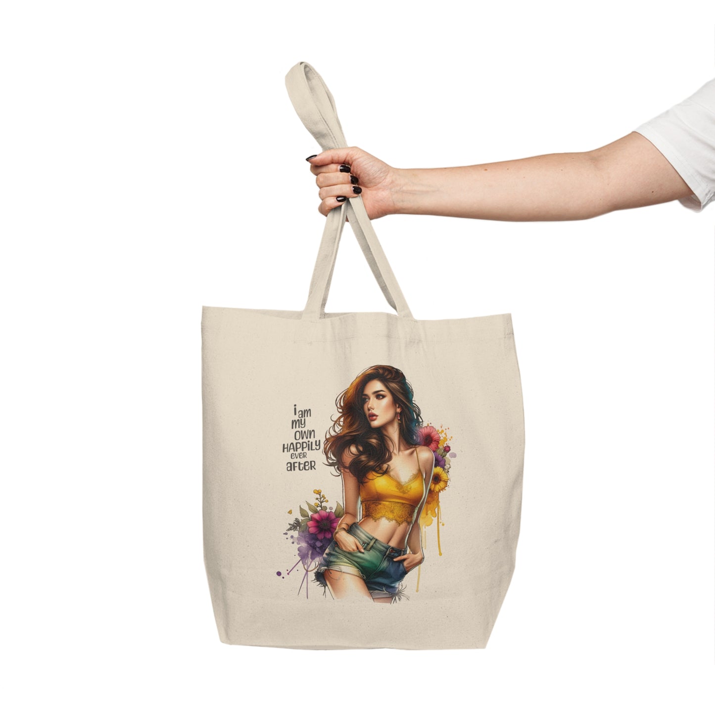 I Am My Own Happily Ever After Stylish Floral Canvas Tote Bag, Eco-Friendly Shopping, Summer Vibes, Gift for Her, Beach Bag, Reusable Tote