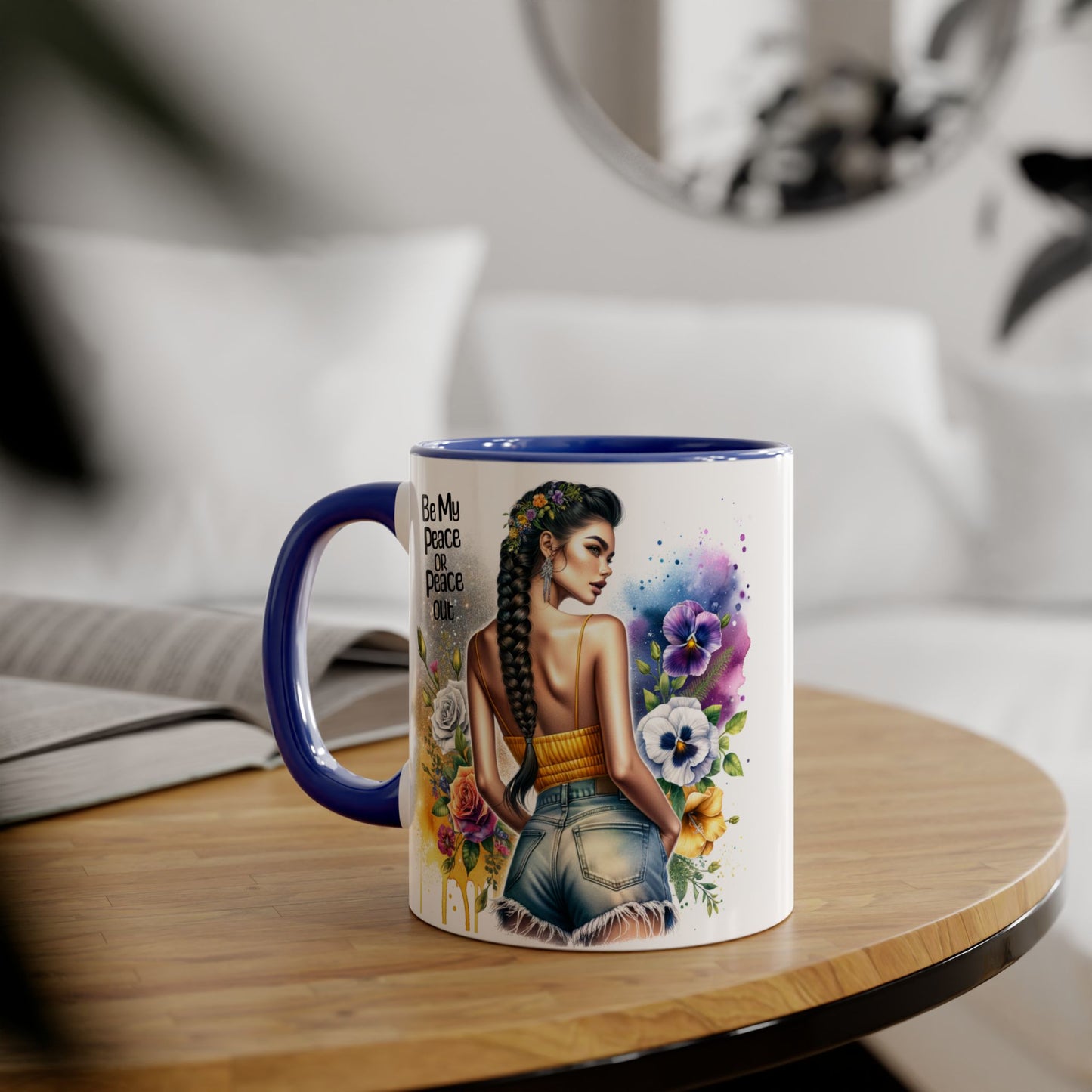 Artistic Black Handle Mug with Inspirational Message, Be My Peace or Peace Out, Unique Gift for Coffee Lovers, Colorful Floral Design, [...]
