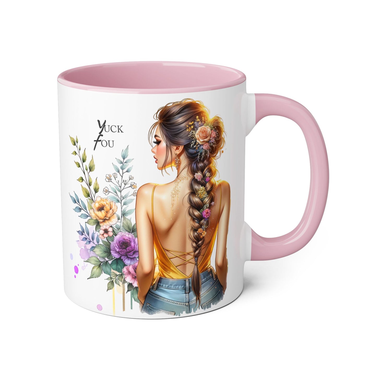 Yuck Fou Stylish Flower Girl Accent Mug, 11oz Coffee Cup, Unique Gift, Home Decor, Floral Mug for Friends, Mothers Day, Inspirational Quotes