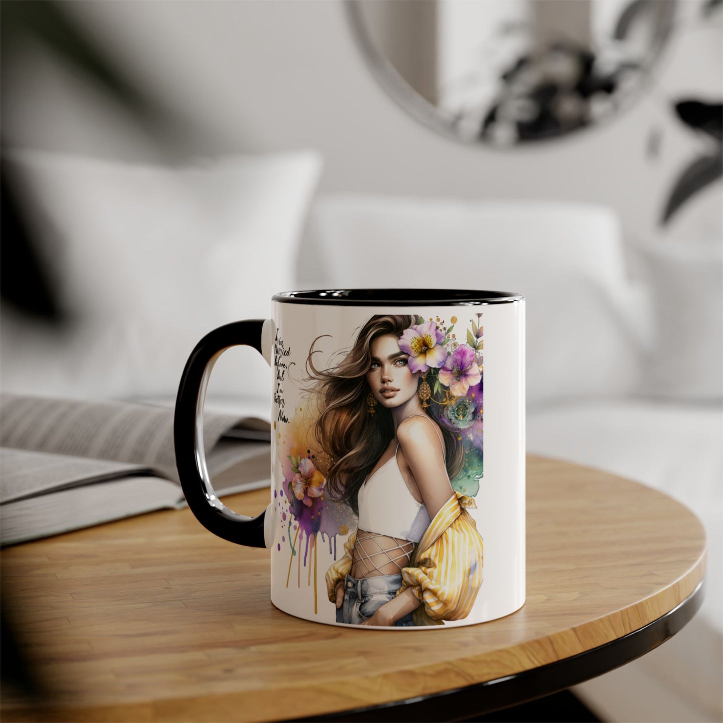 I Was Married Before But I'm Better Now Humoristic Artistic Accent Mug, Coffee Cup for Inspiration, Floral Design, Gift for Friends, Birthday, Home Decor, Motivational Drinkware