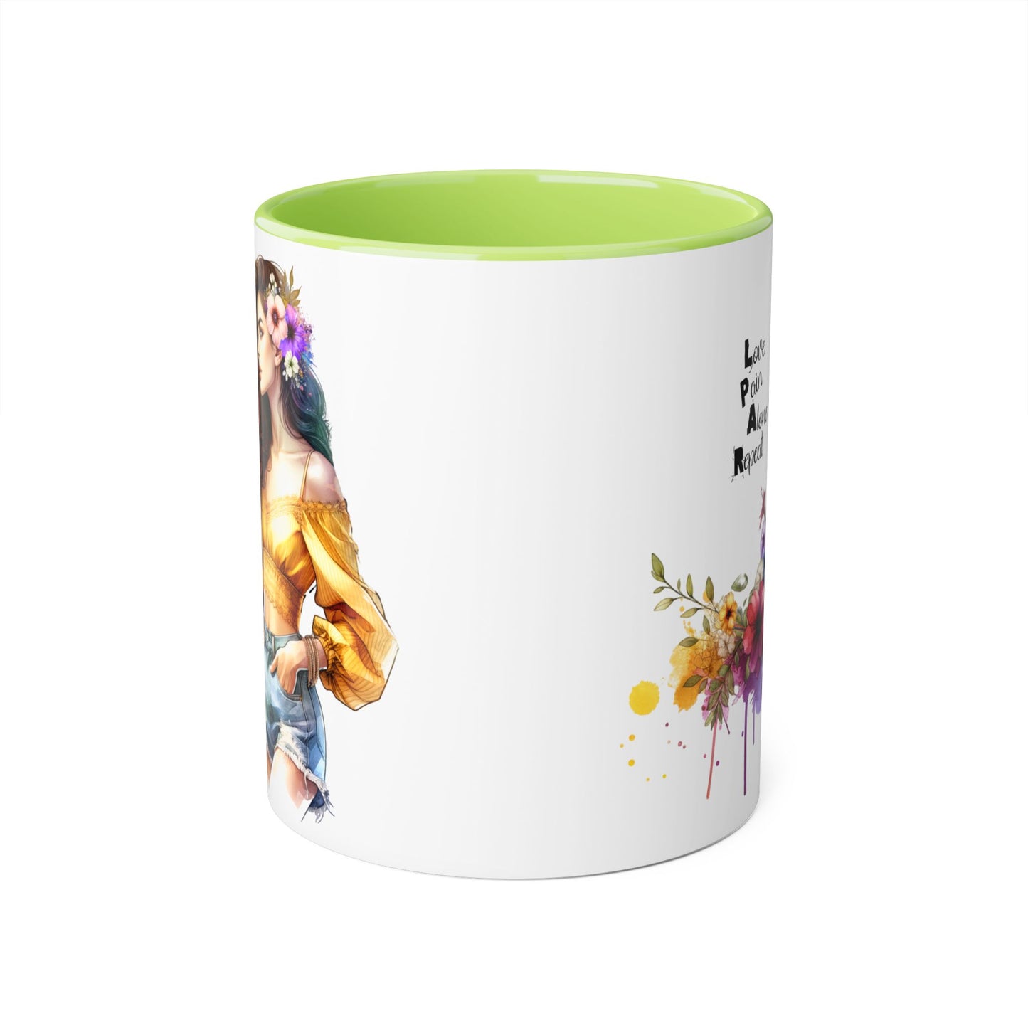 Colorful Floral Accent Mug, Love Pain Alone Repeat, Inspirational Coffee Cup, Gift for Friends, Art Lover Mug