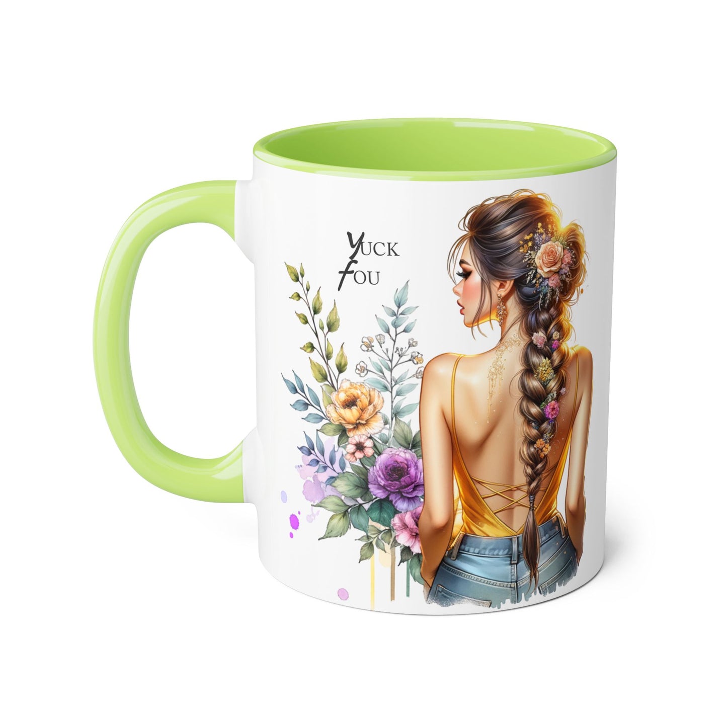 Yuck Fou Stylish Flower Girl Accent Mug, 11oz Coffee Cup, Unique Gift, Home Decor, Floral Mug for Friends, Mothers Day, Inspirational Quotes