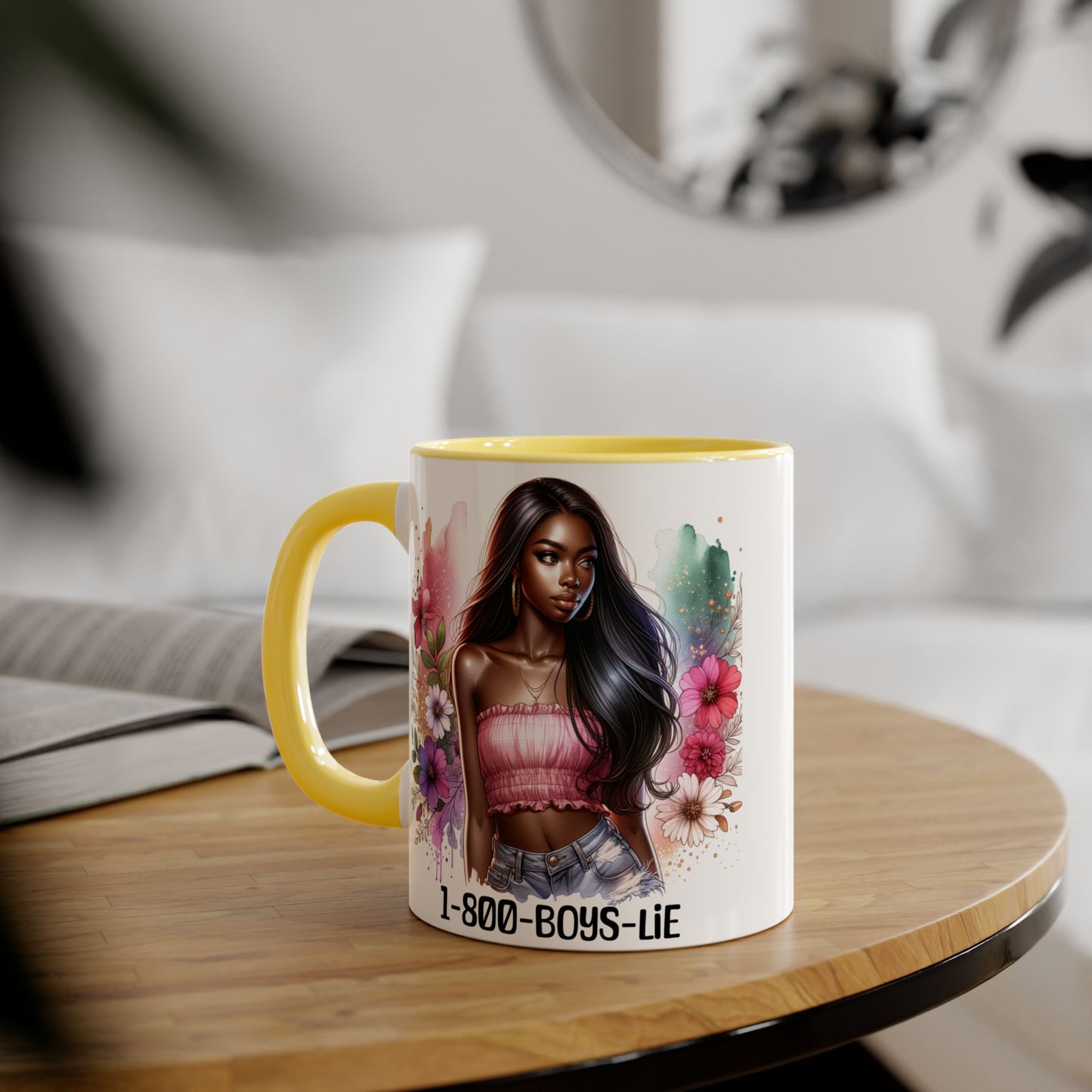 1-800-BOYS-LIE Stylish Floral Accent Mug, 11oz Coffee Mug, Gift for Her, Trendy Drinkware, Unique Birthday Present, Coffee Lover's Companion