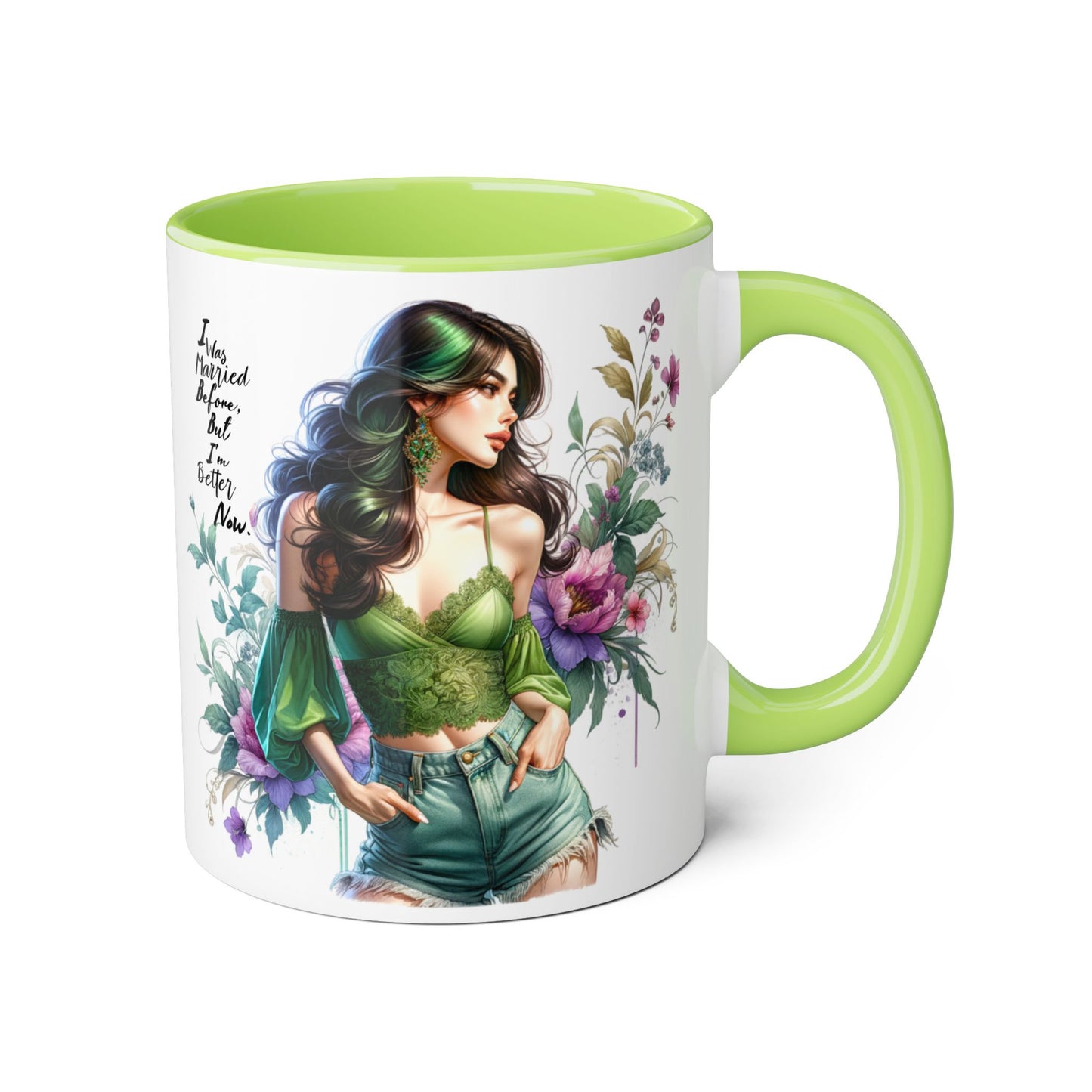 I Was Married Before But I'm Better Now Humoristic Floral Goddess Accent Mug, Inspirational Coffee Cup, Gift for Her, Boho Chic Drinkware, Unique Art Mugs, Home Decor