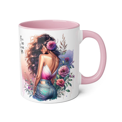 Free and Loving Me Boho Floral Accent Mug, 11oz Coffee Cup, Inspirational Mug for Women, Gift for Friends, Cozy Home Decor, Self-Love Reminder